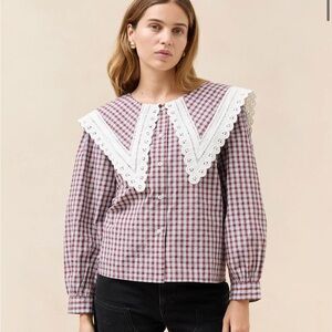 Ken Shirt, Loeffler Randall // Women's Checkered Blouse with Lace Collar